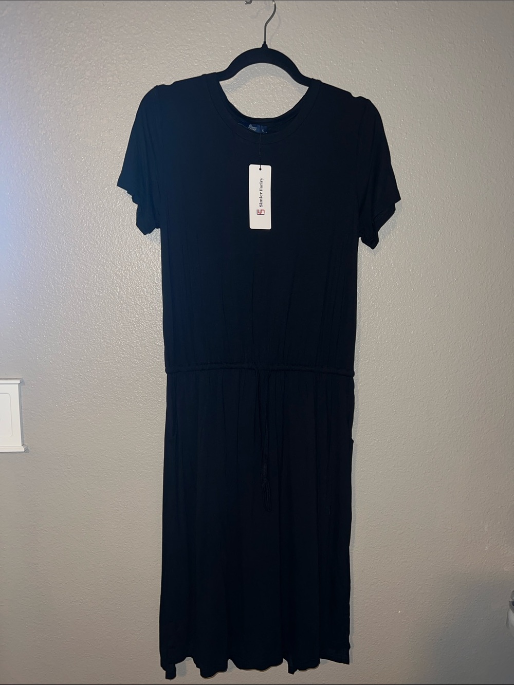 Black Short-Sleeve Drawstring Midi Dress - Unbranded